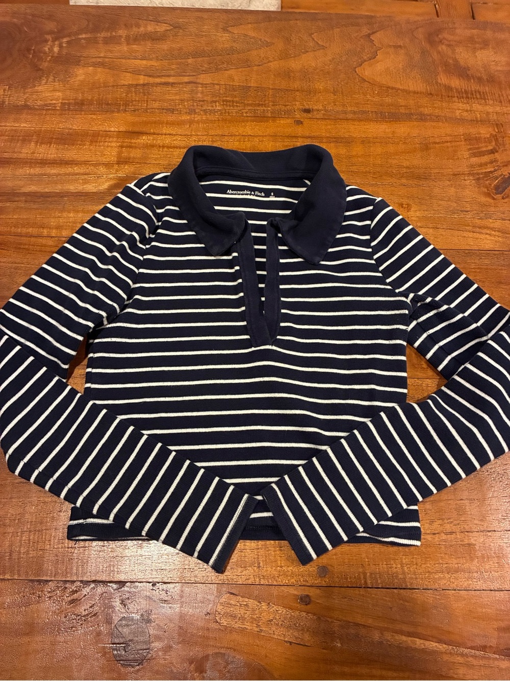 Abercrombie & Fitch Shirt Navy Striped Cropped Collared Long-Sleeve Ribbed Small